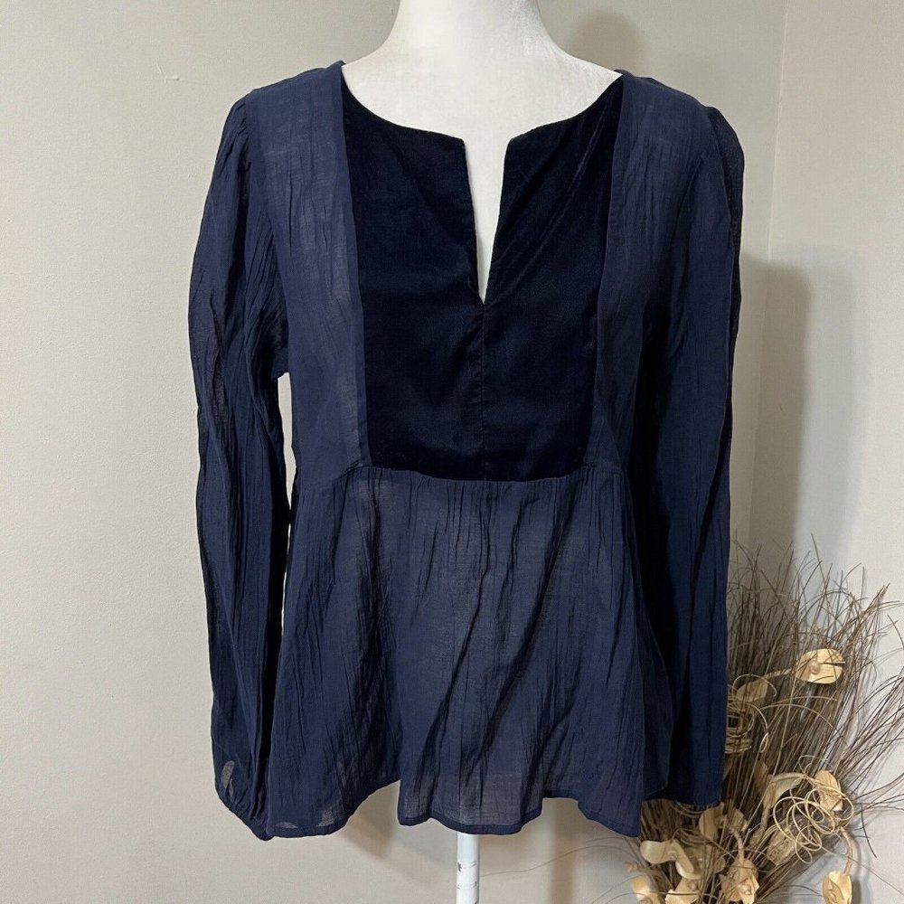 Gap Women's Peasant Velvet Bib Split-Neck Long Sleeve Semi Sheer Top Sz L Blue